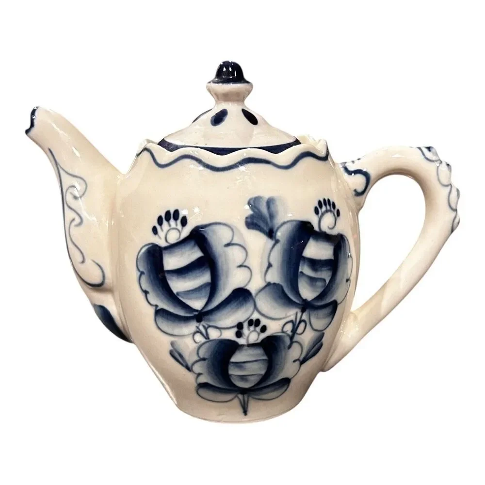 Russian Porcelain GZHEL‎ Coffee Tea Pot with paper label inside
